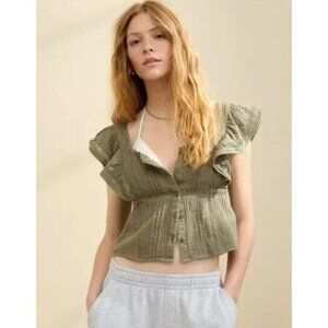 Aerie Button Front Ruffle Sleeve Top in Olive NEW